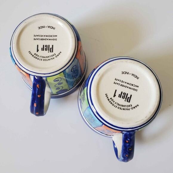 Pier 1 Hand Painted Large Stoneware Mugs Pair 16oz Multicolor Made in India - Picture 6 of 10